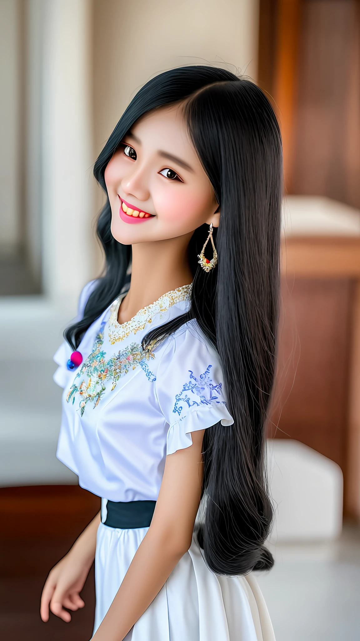 A close up of a woman with long black hair wearing a white dress - SeaArt AI