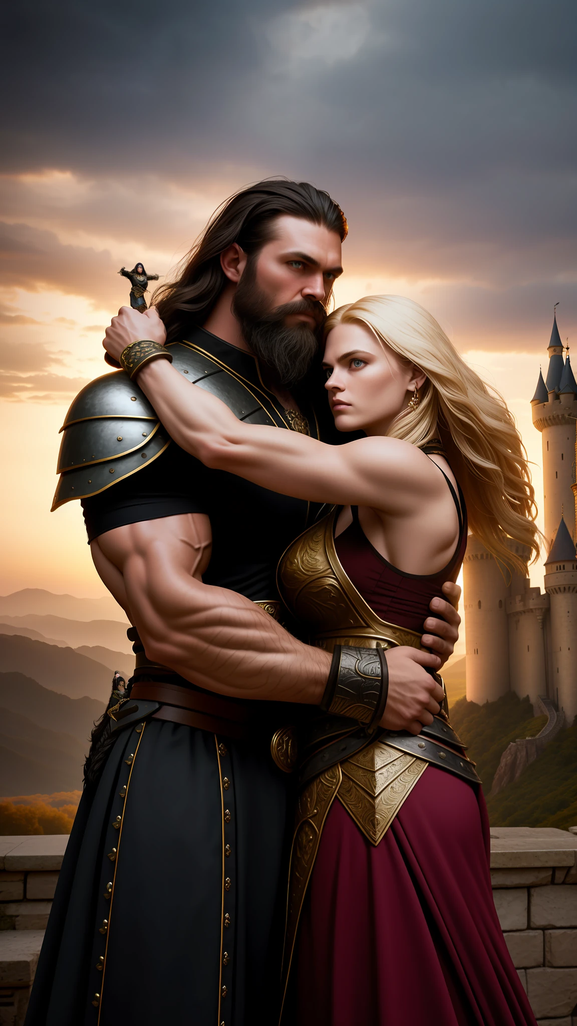 Strong man hugging with woman black hair, holding sword, long blonde hair, sexy, warriors, beard, muscular, beautiful woman black hair, masterpiece, best quality, intricate detail, absurd, high detail color RAW Photo, highly detailed, rough lighting, cinematic lighting, castle in the background, dragon flying in the sky