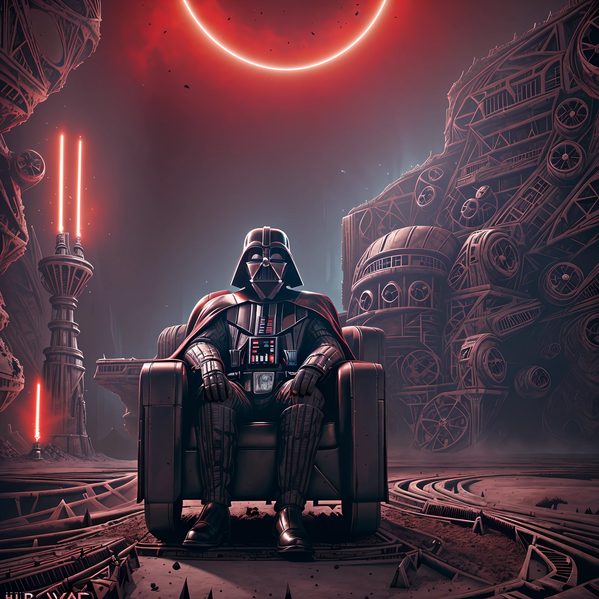 (sitting in an armchair),(horror art landscape,complex biomechanical monuments,Darth Vader*1.5),a cup of gourmet coffee,ArtStation,uhd resolution,Unreal Engine, night time setting, heavy shadows, glowing red lights)