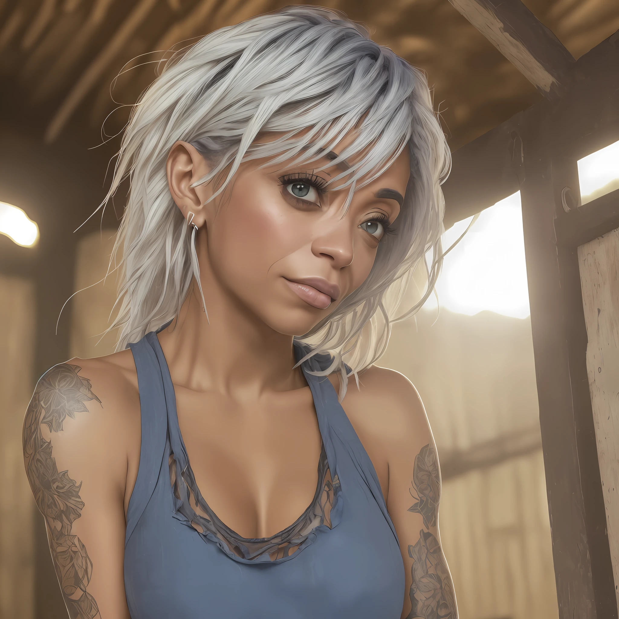 (((Tamara Taylor))), Hyperreal photo of ((Woman in a crowded barn wearing a sexy worn, torn cotton tank top)), ((detailed realistic face and eyes)), cinematic lighting, 8K resolution, (model shooting style), sunset, (from_below:1.4), soft small, covered by (torn, torn cotton tank top), natural breasts