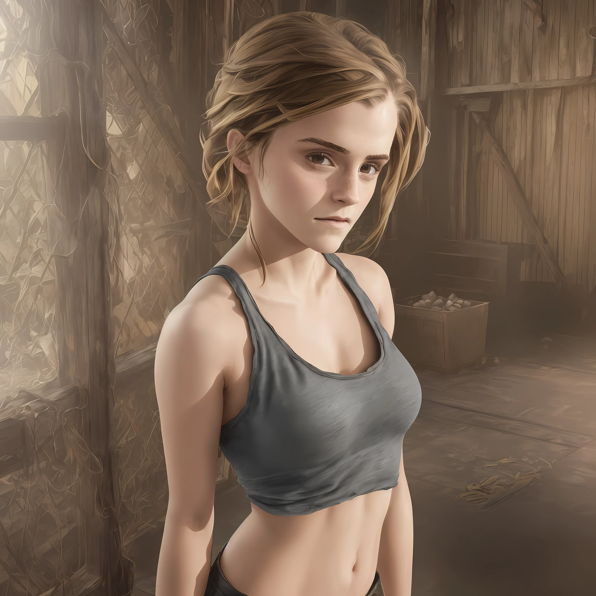 (((Emma Watson))), Hyperreal photo of ((Woman in a crowded barn wearing a sexy worn, torn cotton tank top)), ((detailed realistic face and eyes)), cinematic lighting, 8K resolution, (model shooting style), sunset, (from_below:1.4), soft small, covered by (torn, torn cotton tank top), natural breasts