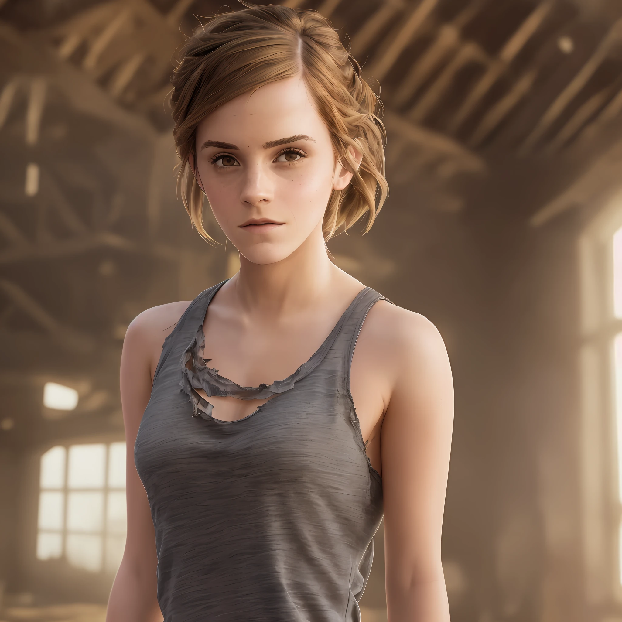 (((Emma Watson))), Hyperreales Foto von ((Frau in einer überfüllten Scheune trägt eine sexy getragen, zerrissen cotton tank top)), ((detailliertes realistisches Gesicht und Augen)), Filmische Beleuchtung, 8k Auflösung, (Modell-Aufnahmestil), Sonnenuntergang, (aus_unten:1.4), weich klein, überdeckt von (zerrissen, zerrissen cotton tank top), Natürliche Brüste