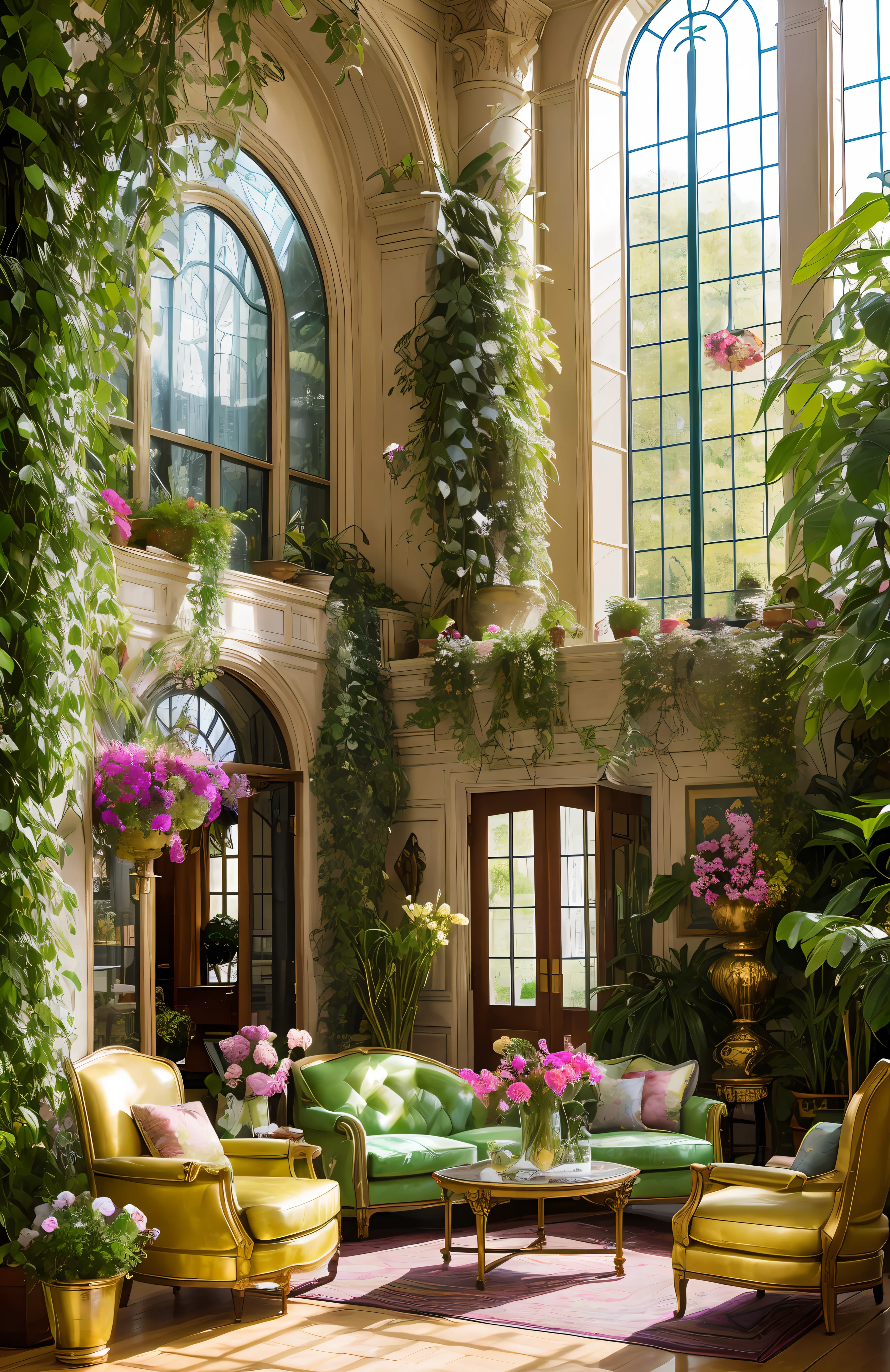 Architectural Digest photo of a maximalist green {vaporwave/steampunk/solarpunk} living room with flowers and plants, golden light, hyperrealistic surrealism, award winning masterpiece with incredible details, epic stunning