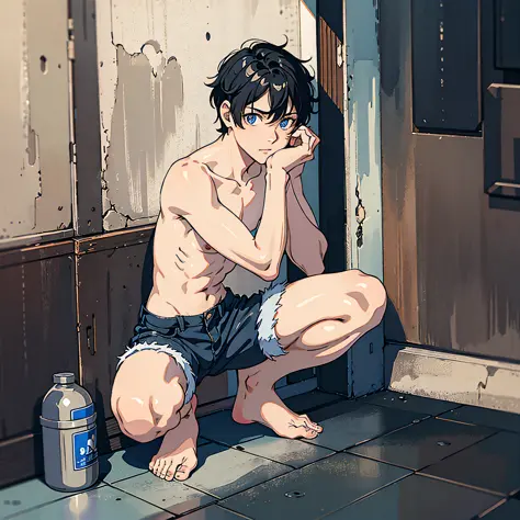 1 man, short black hair, blue eyes, naked, wearing shorts, squatting in the corner, surreal