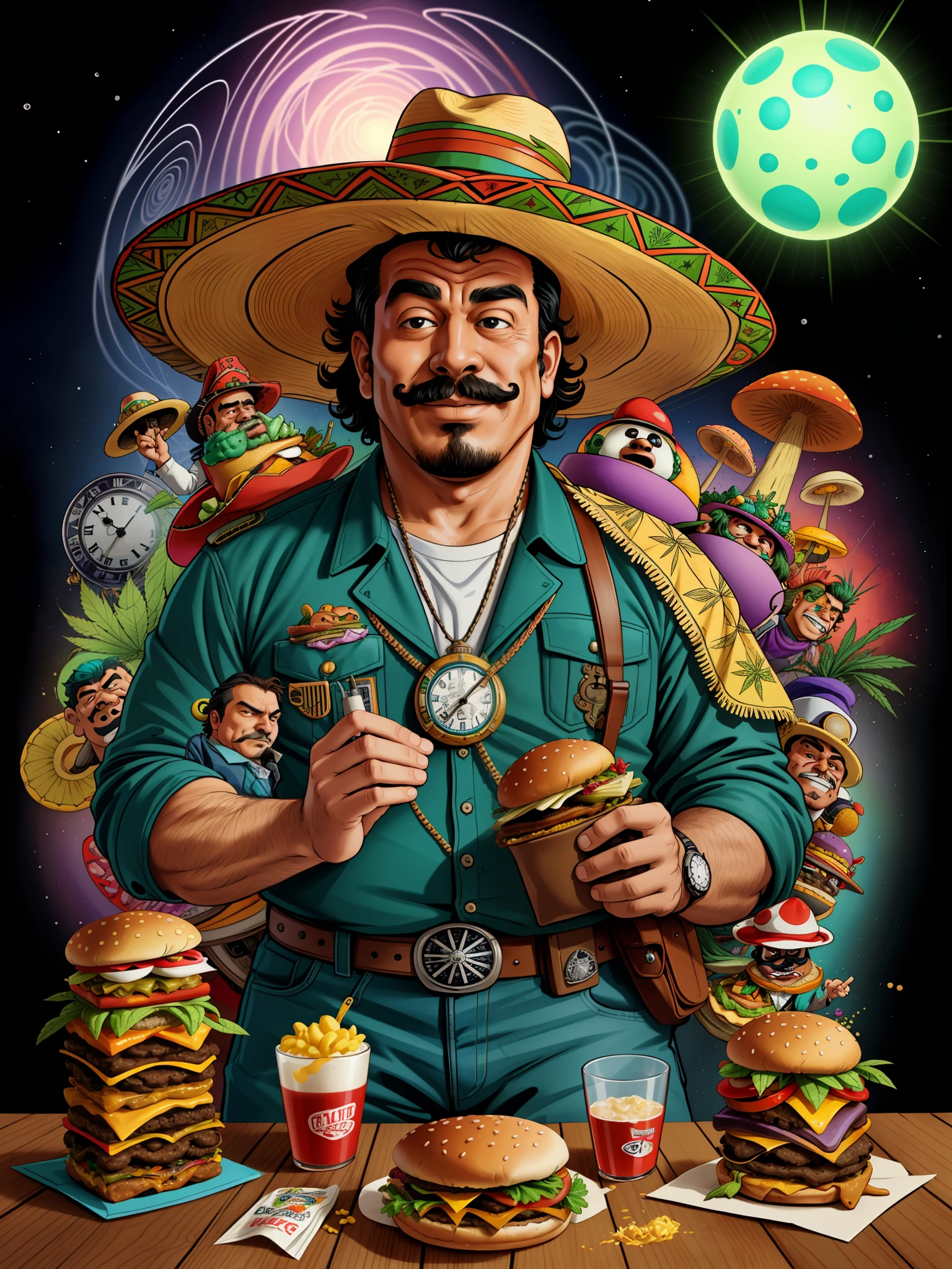 Mexikanische Männer (dicker Mann) High-Droge mit Sombrero Mariachi, Buckaroo Banzai durch die 5. Dimension, Pilze, Säuren, fliegende Taschenuhren, leuchtende Farben, time vortex, burgers, Burger aus Gras, Unkraut im Hintergrund