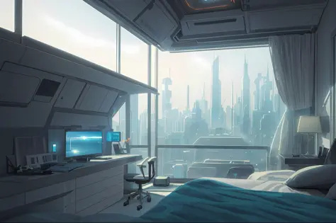 a gorgeous sci-fi bedroom matte painting by john harris, sparth and greg rutkowski. sharp edges, tiffany blue, grey orange, white and golden. sci-fi bedroom in a space base, outside the windows a future city skyline, light effect. ultra clear detailed, 3d,...
