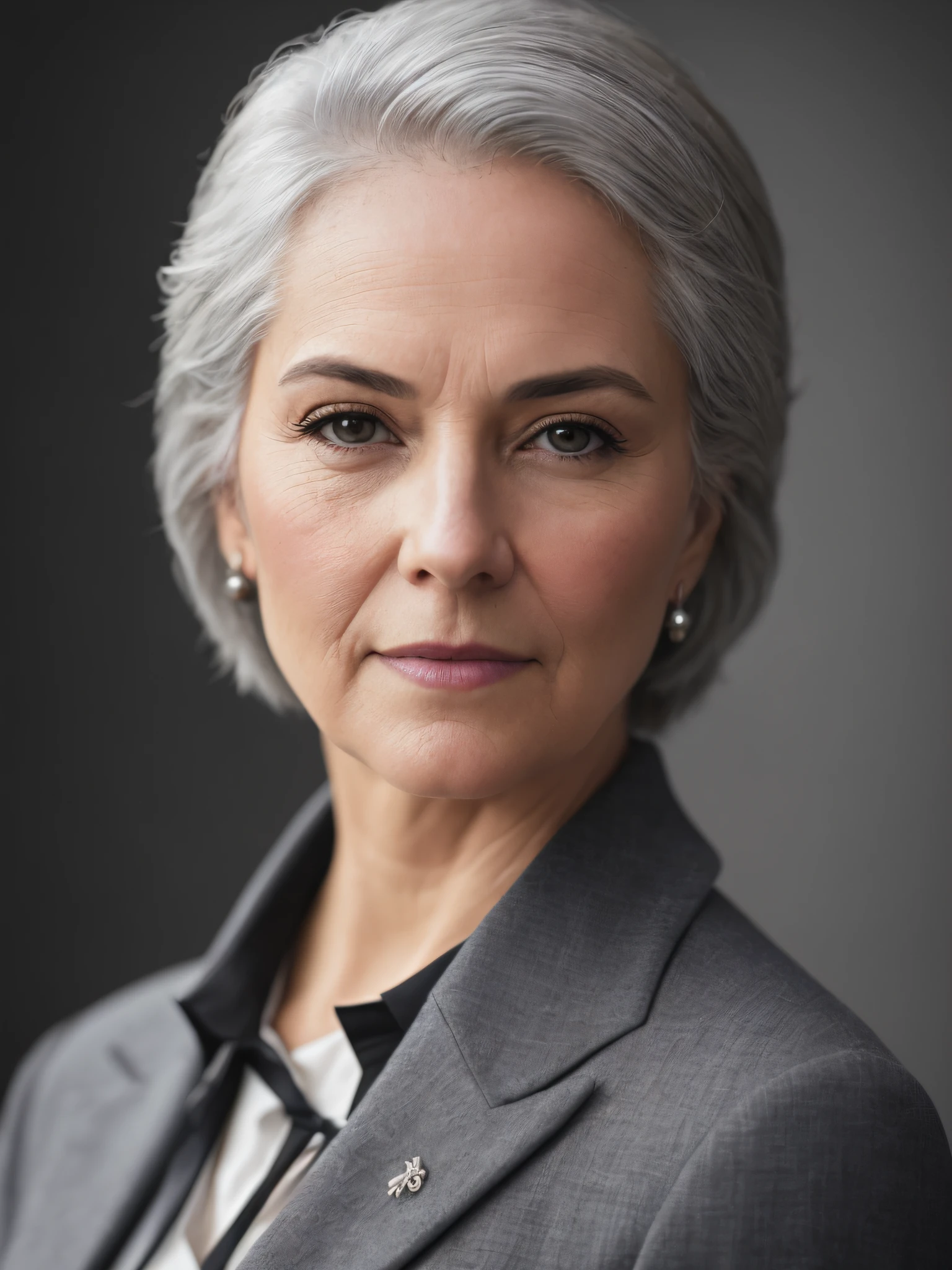 photo of a gray-haired woman in an elegant business suit, wide-frame photo, photo shoot style, exquisite, detailed, dramatic, elite, real world, (hard focus, 8 k), (((natural skin texture))), 8k textures, soft cinematic light, adome lightroom, photo lab, hdr, intricate, elegant, highly detailed, clear focus, (((cinematic look))), soothing tones, crazy detail, high detail, low contrast, soft cinematic light, dull colors, mixing exposures, HDR, fade, 35 mm, f/1.4, ISO64, f16, 25 sec.