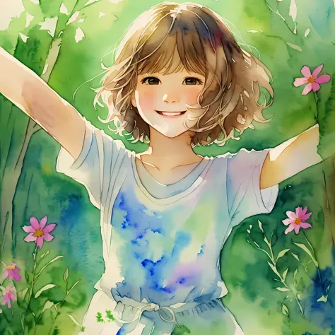 watercolor, soft touch, girl smiling happily, short wavy hair, in the forest, running with open arms, gentle sunlight, wildflowe...