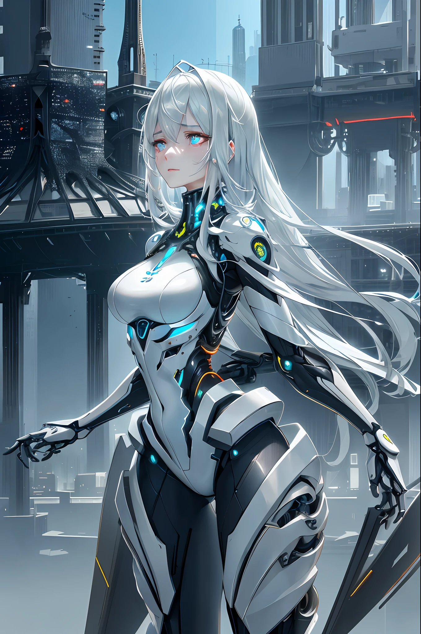 1mechanical girl, crying, ((ultra realistic details)), ((perfect body)), ((perfect hands)), ((sexy poture)), portrait, global illumination, shadows, silver, octane render, 8k, ultra sharp, metal, intricate, ornaments detailed, cold colors, egypician detail, white black body suit, (blue silve hair), (beauty princess: 1.2), highly intricate details, realistic light, trending on cgsociety, glowing eyes, facing camera, neon details, machanical limbs, blood vessels connected to tubes, mechanical vertebra attaching to back, mechanical cervial attaching to neck, standing,wires and cables connecting to head, ((city skyscraper :1.5))