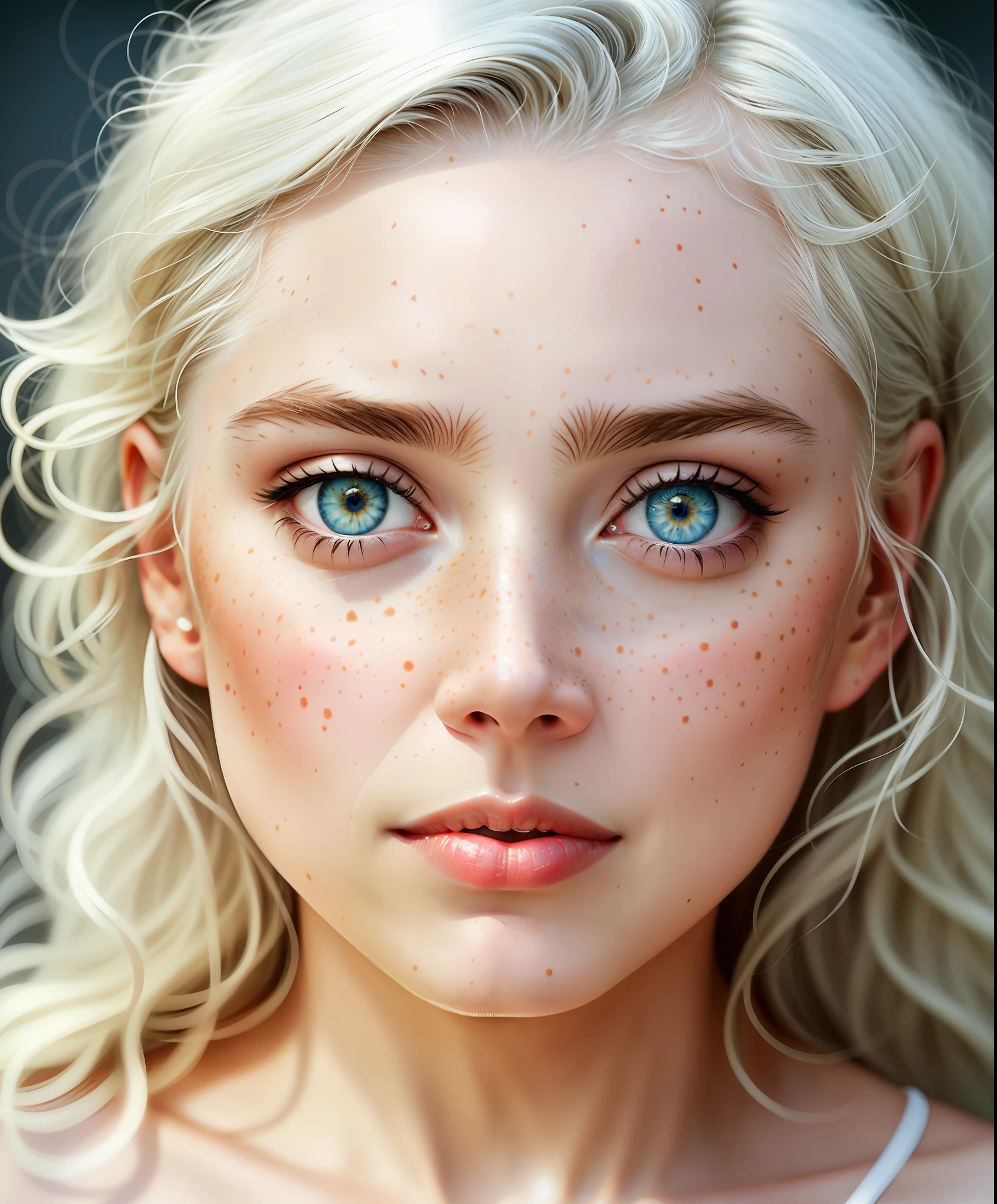 swedish sweaty girl, platinum hair, sunburnt pale ivory skin, beautiful azure eyes, few freckles, really curly hair, aggression, flirting with the camera, natural skin texture, hyper realism soft light, close up portrait photo by Annie Leibovitz, film, studio lighting, detailed skin, ultra realistic, bokeh, sharp features