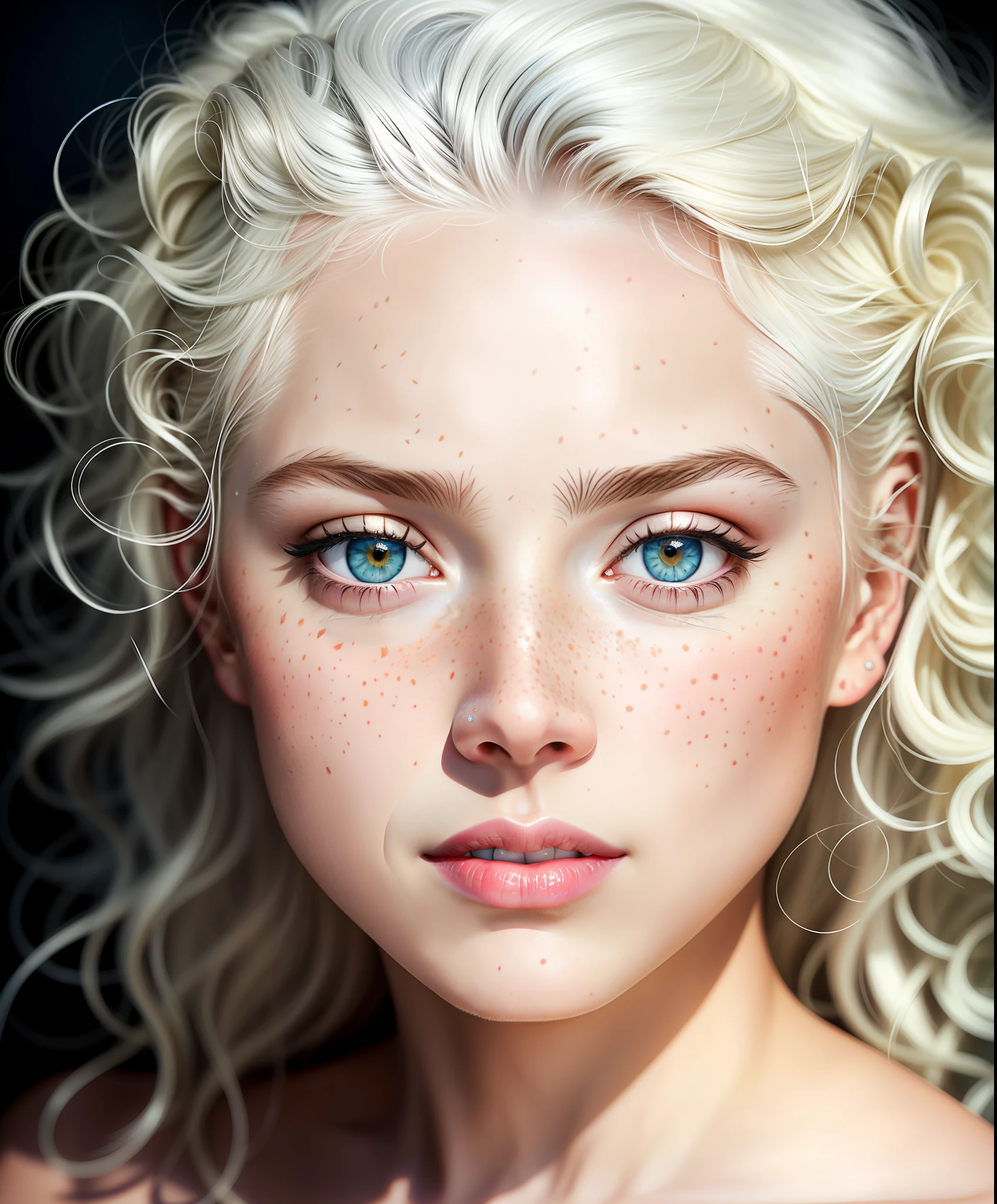 swedish sweaty girl, platinum hair, sunburnt pale ivory skin, beautiful azure eyes, few freckles, really curly hair, aggression, flirting with the camera, natural skin texture, hyper realism soft light, close up portrait photo by Annie Leibovitz, film, studio lighting, detailed skin, ultra realistic, bokeh, sharp features