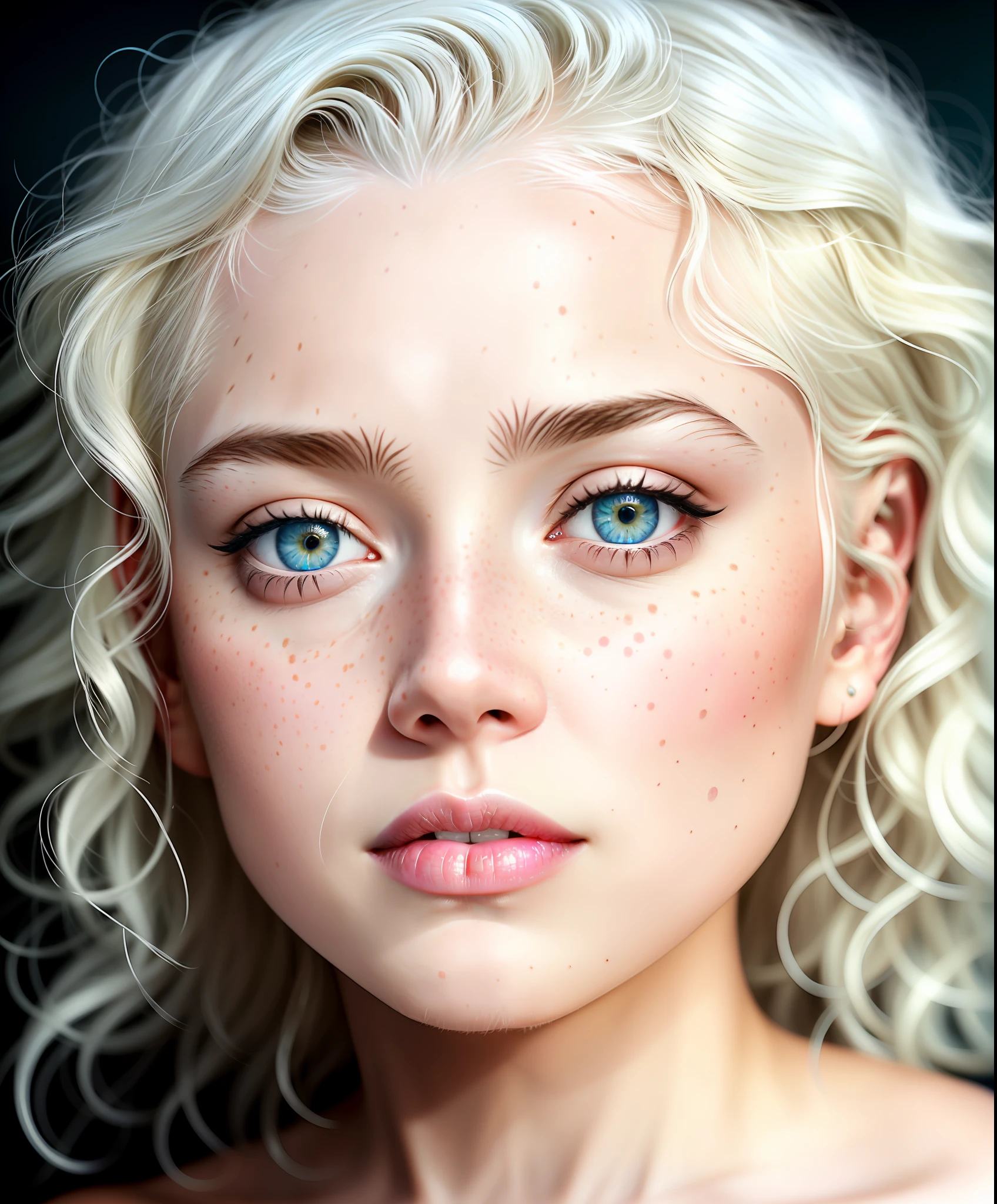 swedish sweaty girl, platinum hair, sunburnt pale ivory skin, beautiful azure eyes, few freckles, really curly hair, aggression, flirting with the camera, natural skin texture, hyper realism soft light, close up portrait photo by Annie Leibovitz, film, studio lighting, detailed skin, ultra realistic, bokeh, sharp features