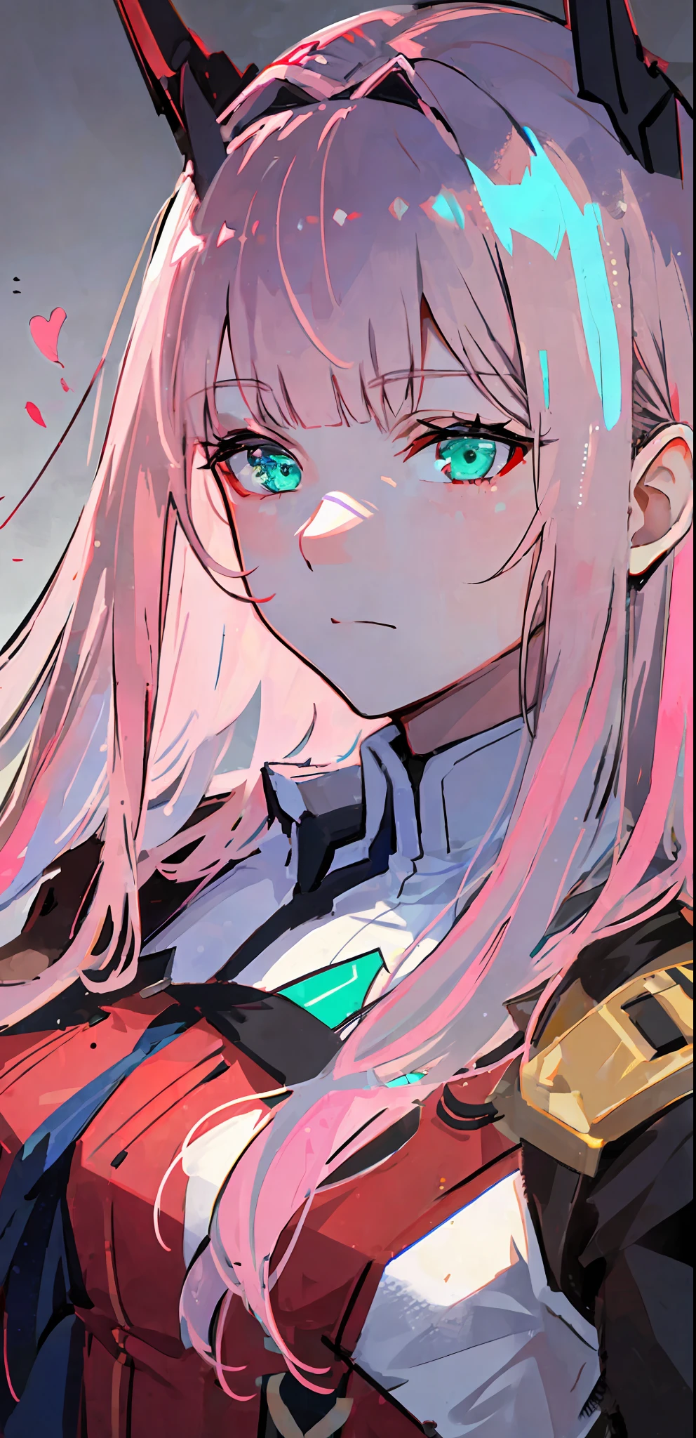 ((masterpiece, best quality)), (1girl), (solo), (female focus), zero two, (very detailed face, real image, realistic white skin, realistic body, intricate details), upper body, focus on face, green eyes, pink hair, long hair, intimidating look, red uniform, small breasts