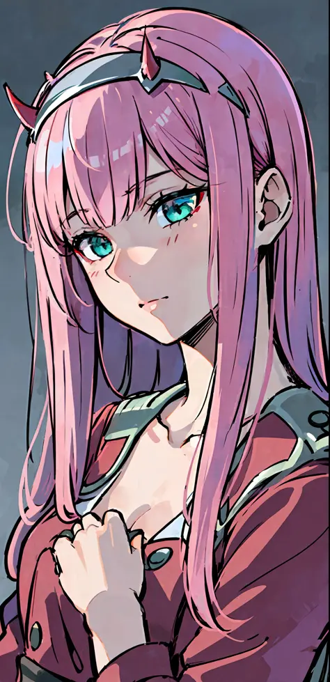 ((masterpiece, best quality)), (1girl), (solo), (female focus), zero two, (very detailed face, real image, realistic skin, reali...