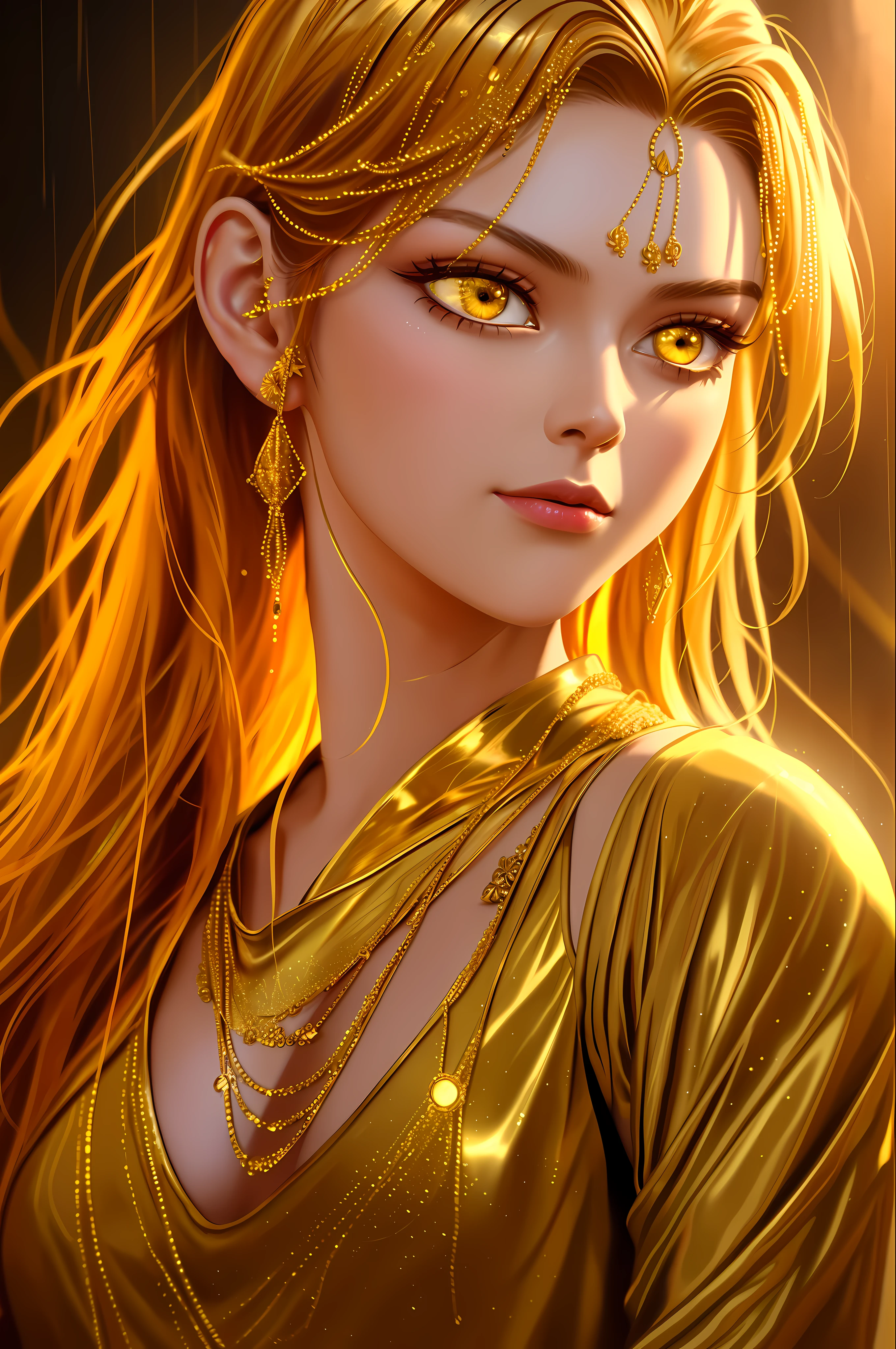 gold tattoos with a girl in rain with golden earrings, in the style of vray tracing, martin ansin, yuumei, poured, close up, dark white and gold, speedpainting, masterpiece, best quality,