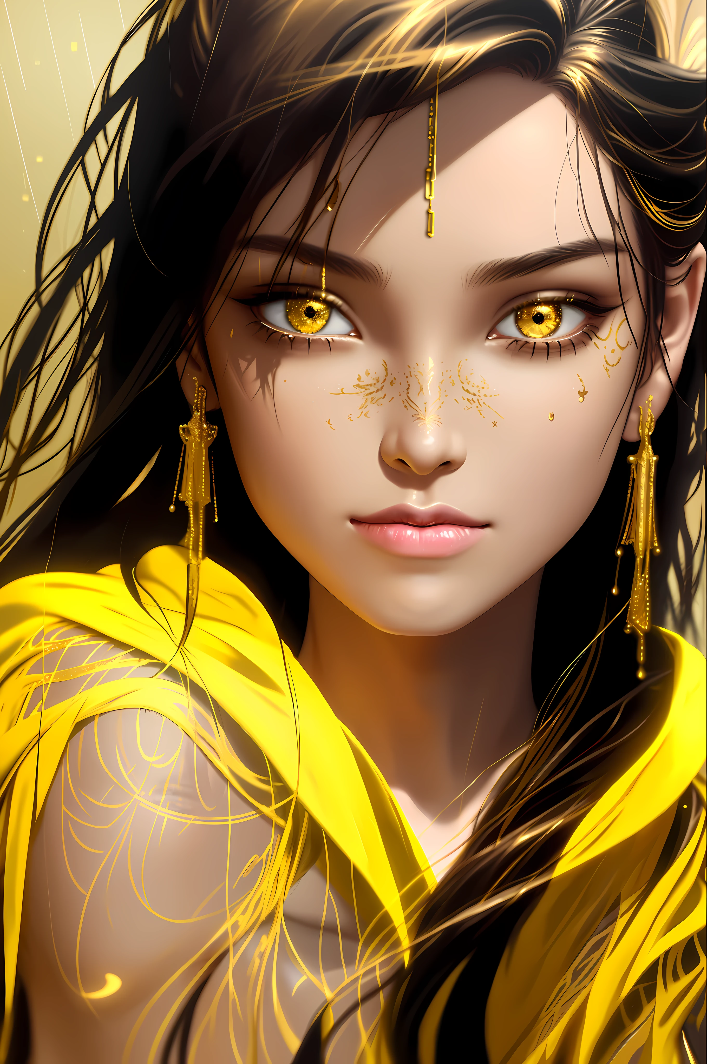 gold tattoos with a girl in rain with golden earrings, in the style of vray tracing, martin ansin, yuumei, poured, close up, dark white and gold, speedpainting, masterpiece, best quality,