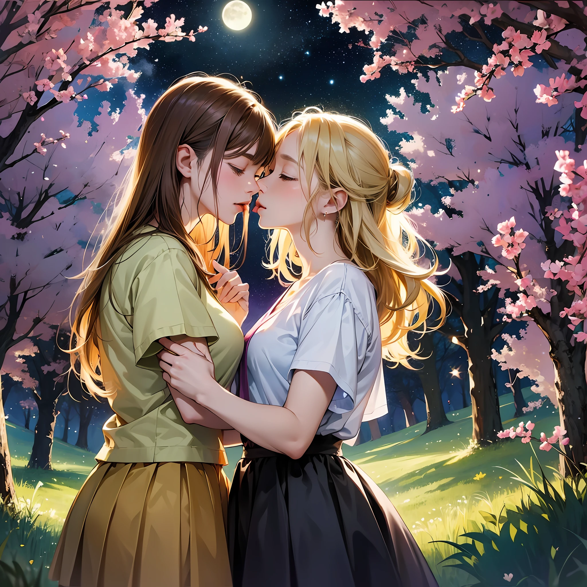 Two women are kissing in a park with cherry blossoms - SeaArt AI