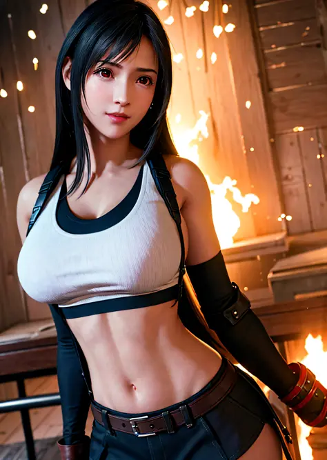 (Photorealistic: 1.4), top quality, very delicate and beautiful, high resolution, 1girl, tifa_lockhart, smile, cowboy shot, suspenders, low rise, mini skirt, tank top, tense shirt, black hair, long hair, elbow gloves, beautiful detailed red eyes, face ligh...