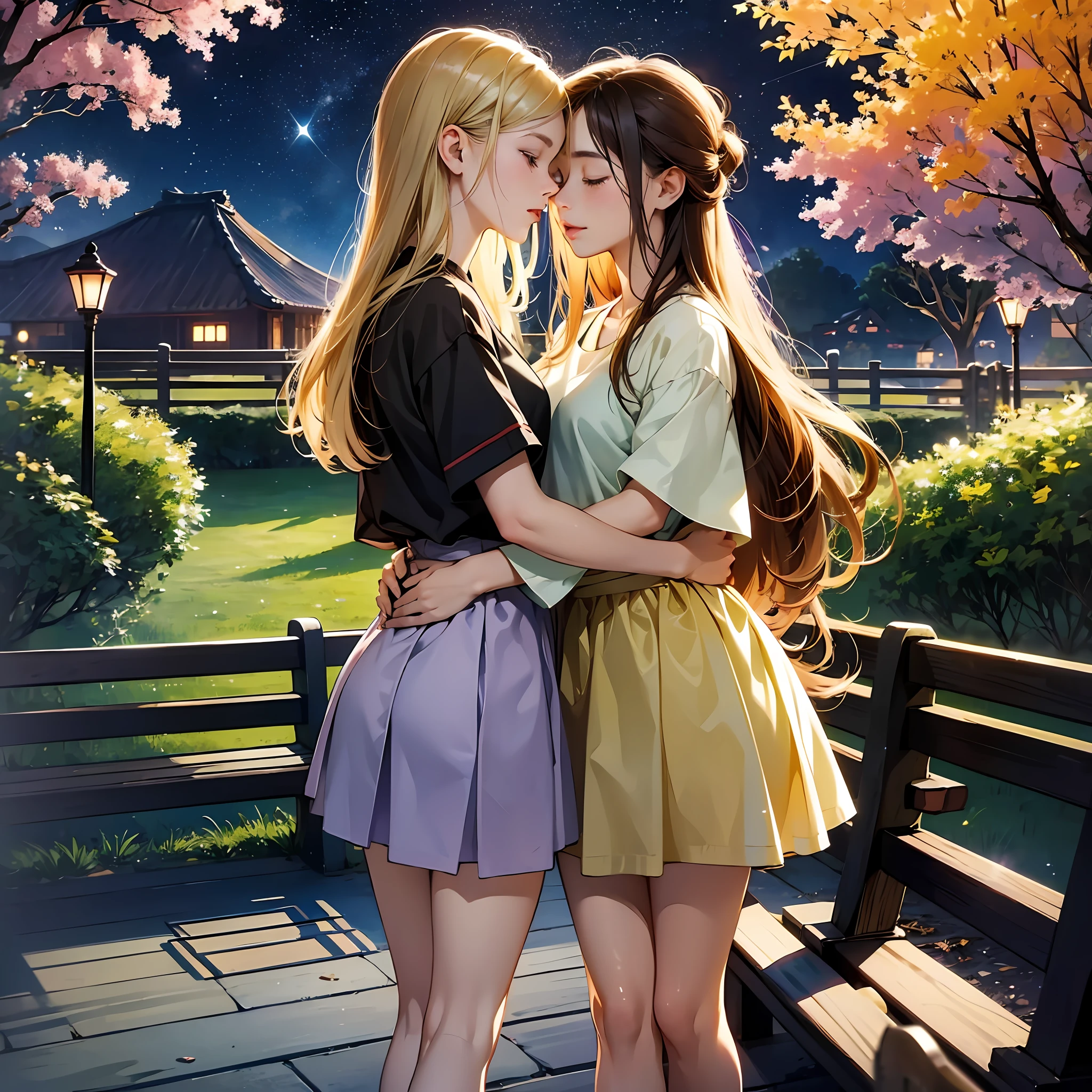 Anime couple kissing on a bench in a park at night - SeaArt AI