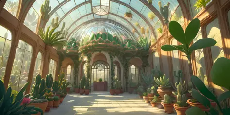 A gigantic greenhouse with pots of cactus and succulents, round beds with dragon-tree, agaves, saguaro, cereus, fig, date palm, flowers, vines, orchids, bromeliads, large ornate glass windows, ornaments, golden, many plants, tropical plants, marble walls, ...