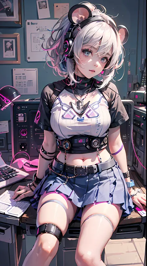 A girl playing with computer in study, white hair, tech-style, pink, purple, blue, monitor, keyboard, notebook, desk, computer h...
