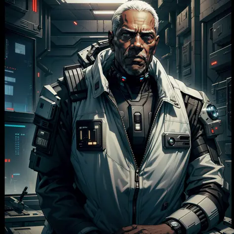 "(((white camouflage cyberpunk navy military suit:1))) (1man) dark theme :: focus on closeup face, indifferent face, :: Danny Glover's face, gray hair, (((old black man)))), :: ultra realistic futuristic military general, cyberpunk scifi, shadowrun, fat ma...