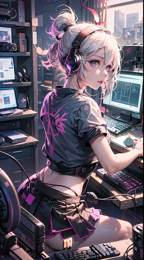 A girl playing computer in study, white hair, tech-style, pink, purple, blue, monitor, keyboard, notebook, desk, computer host, ...