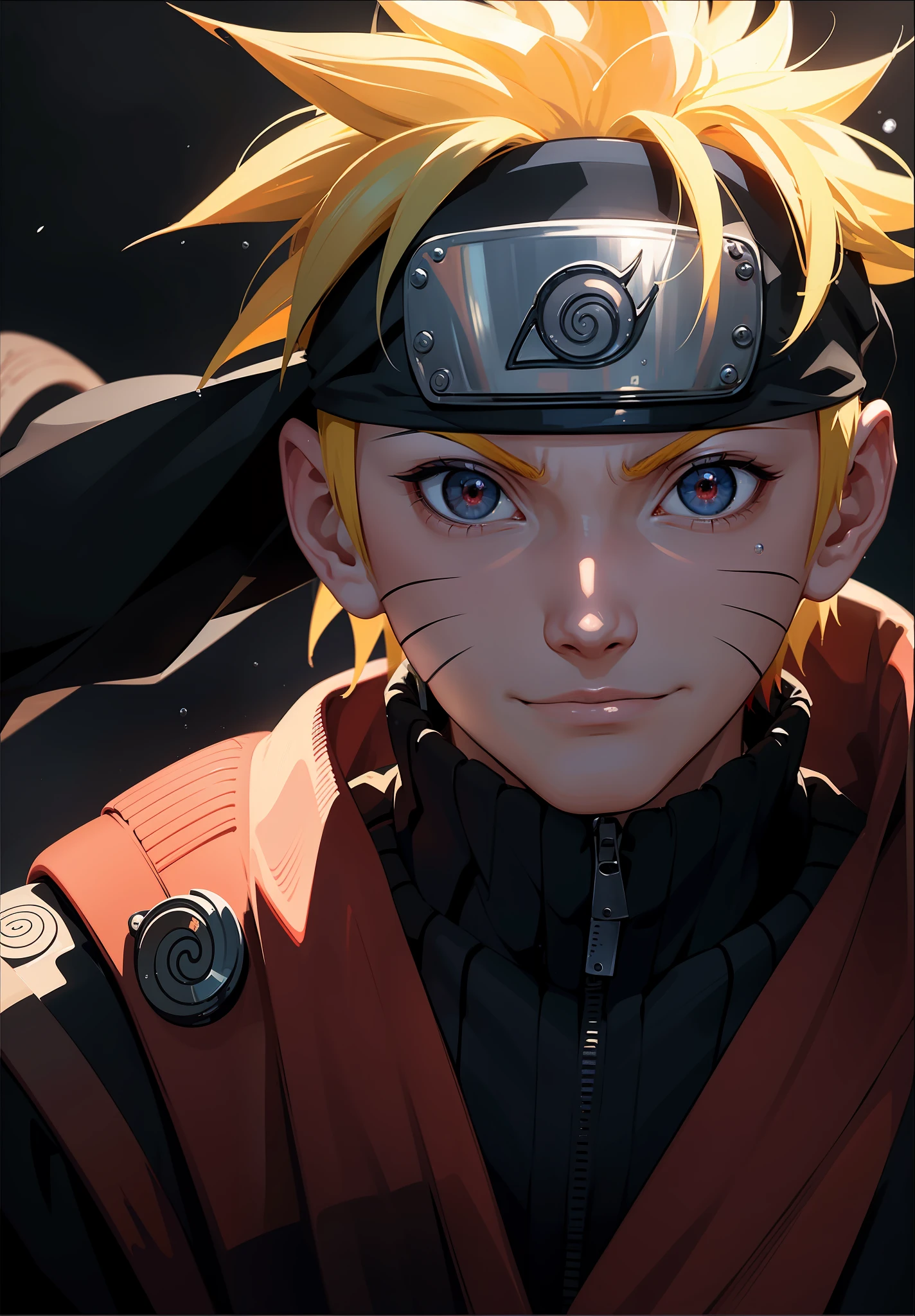 Uzumaki Naruto, 1boy, male focus, masterpiece, best quality, (portrait, close-up), looking at the viewer, shadow and light, blurred foreground, Konohagakure symbol, indoors, water drop, red eyes, black sclera, on the bed, cold bloodthirsty smile,