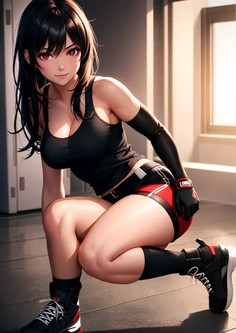 (photorealistic: 1.4), best quality, an extremely delicate and beautiful, highres, 1girl, tifa_lockhart, smile, full body, gymsh...