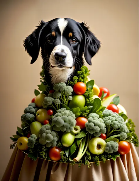 a dog in a dress made of vegetables, cinematic, insane details, intricate details, hyperdetailed, detailed hair, diffused light