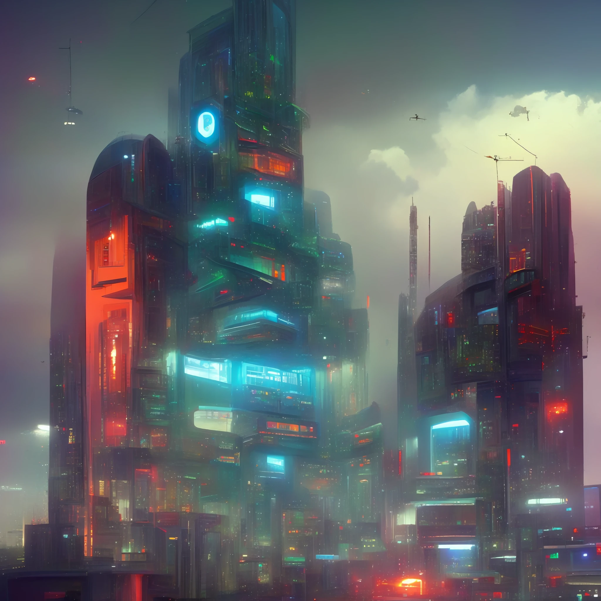 Create a realistic and immersive image of a futuristic cyberpunk city in 4K quality. the image should depict a highly technological urban environment, replete with futuristic skyscrapers, neon lights, holograms and visual elements characteristic of the cyberpunk genre.

The city should be represented in its entirety, with a vast urban landscape stretching as far as the eye can see. Skyscrapers should stand out, featuring bold and futuristic designs, with details and textures that demonstrate the richness of image detail in high resolution.

Use a vibrant and contrasting color palette, with a predominance of dark tones such as electric blue, deep purple, neon green, and intense red. The details in neon lights should stand out, creating an intense and engaging atmosphere.

Include flying vehicles passing through the city skies, creating the sense of movement and advanced technology. Also add drones or robots at strategic points, giving a dash of life and movement to the scenery.

Explore the idea of a night sky with futuristic elements such as orbital rings, huge holographic screens floating in the air, or even a megastructure suspended above the city, like a layered megalopolis.

Make sure all details are sharp and refined, with realistic textures that highlight the 4K quality of the image. Attention to detail, such as reflections in the water or subtle glows on metal surfaces, is key to creating a compelling representation of the futuristic cyberpunk city.

Ensure that the image is able to transport the viewer to this futuristic world, sparking the imagination and creating a sense of complete immersion.