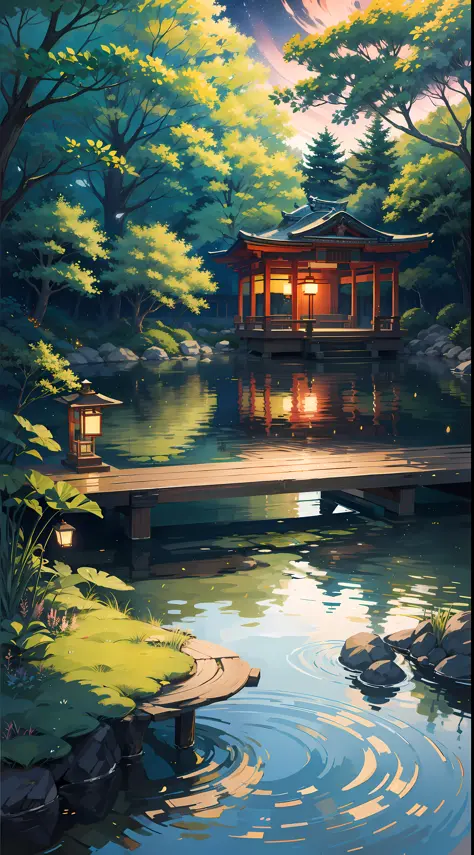 A nightscape inspired by Japanese art, with a garden lit by paper lanterns and a wooden bridge over a tranquil lake. The starry sky is reflected in the water, creating a magical environment. On the shore of the lake, there is a small Zen temple lit by cand...