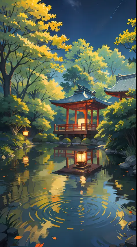 A nightscape inspired by Japanese art, with a garden lit by paper lanterns and a wooden bridge over a tranquil lake. The starry sky is reflected in the water, creating a magical environment. On the shore of the lake, there is a small Zen temple lit by cand...