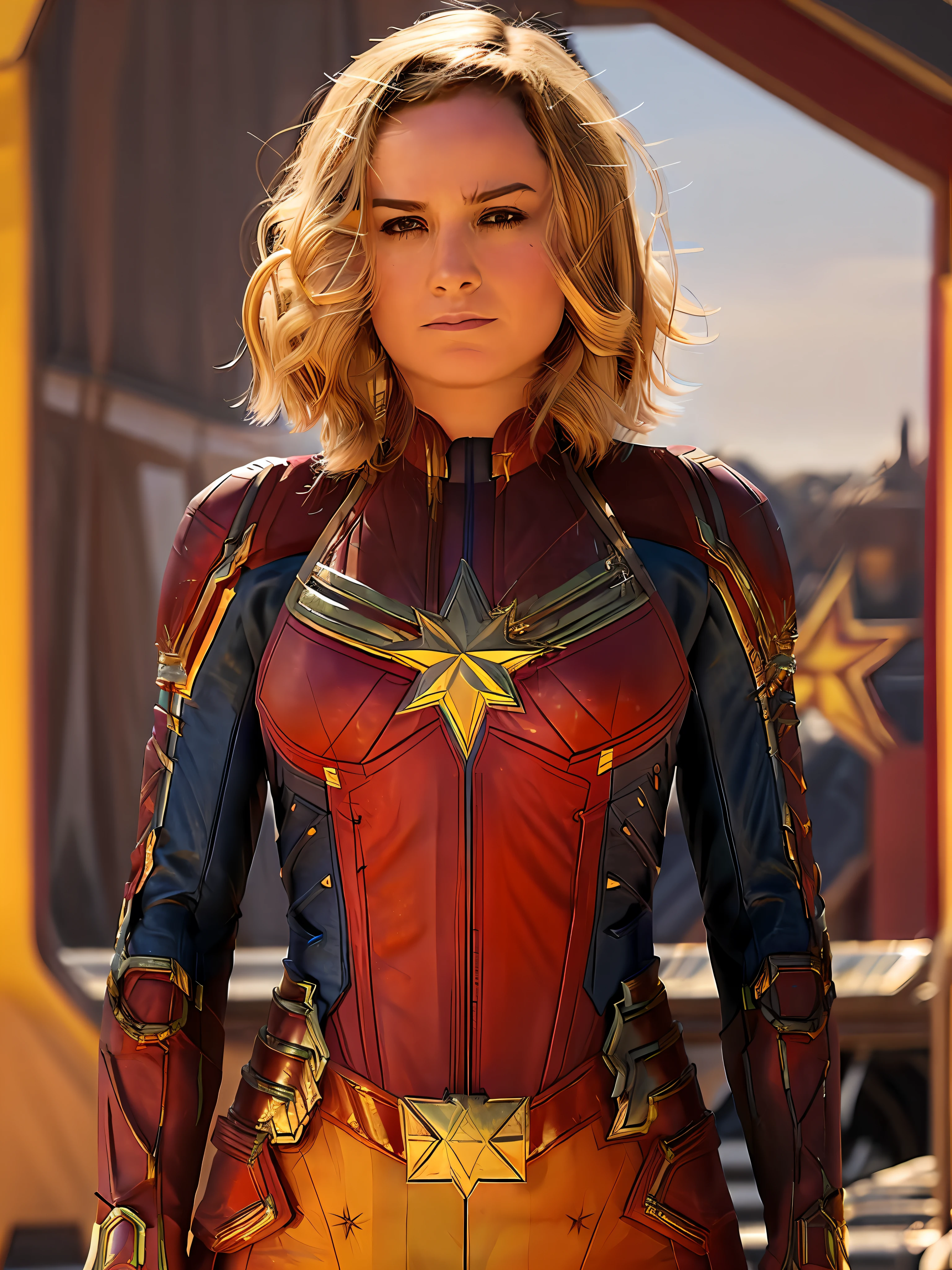(realism) foto de (brie larson), Capitán Marvel cosplay, Pequeña sonrisa, manos en la cintura