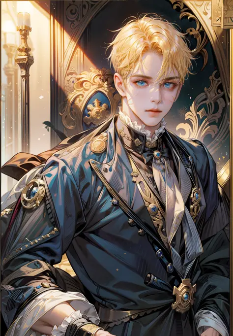 Prince, blue eyes, blonde hair, black outfit, young, mature, handsome man, gold earring, detailed, quality, highly detailed, tan skin, solo, blue eyes, naruto with victorian attire, ((((victorian boy attire)))), 1 boy, solo