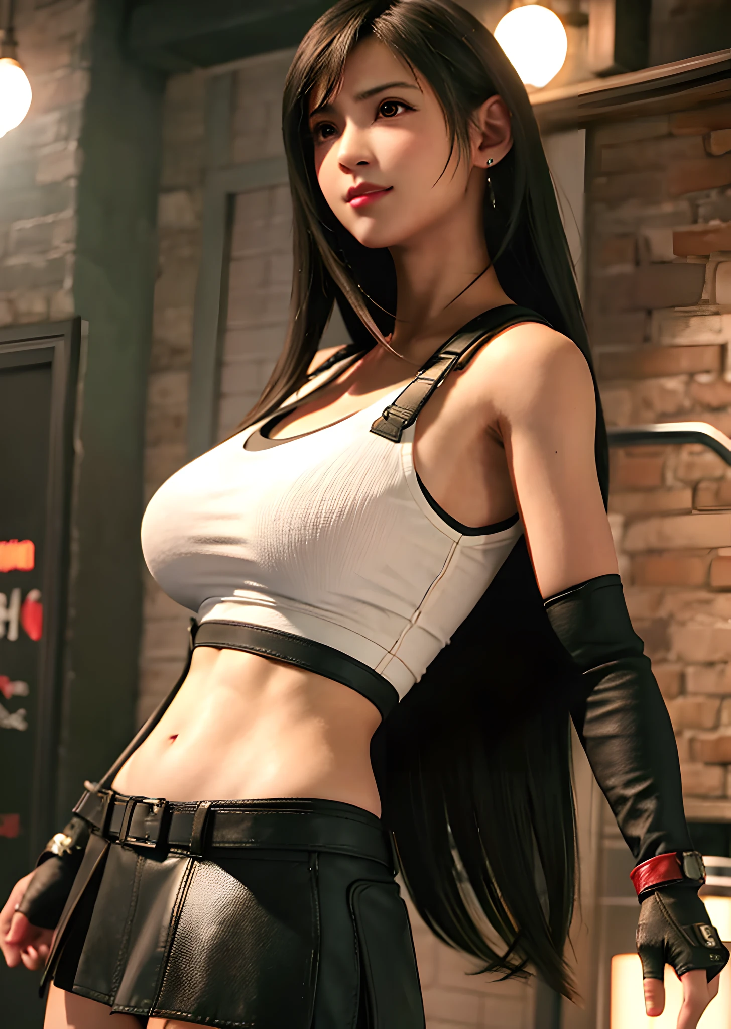 (Photorealistic: 1.4), top quality, very delicate and beautiful, high resolution, 1girl, tifa_lockhart, smile, cowboy shot, suspenders, low rise, mini skirt, tank top, tense shirt, black hair, long hair, elbow gloves, beautiful detailed red eyes, face light, movie lighting, navel, high exposure, abdomen exposure, ribs, abs, ( gigantic breasts: 1.2), dynamic poses, dynamic angles,