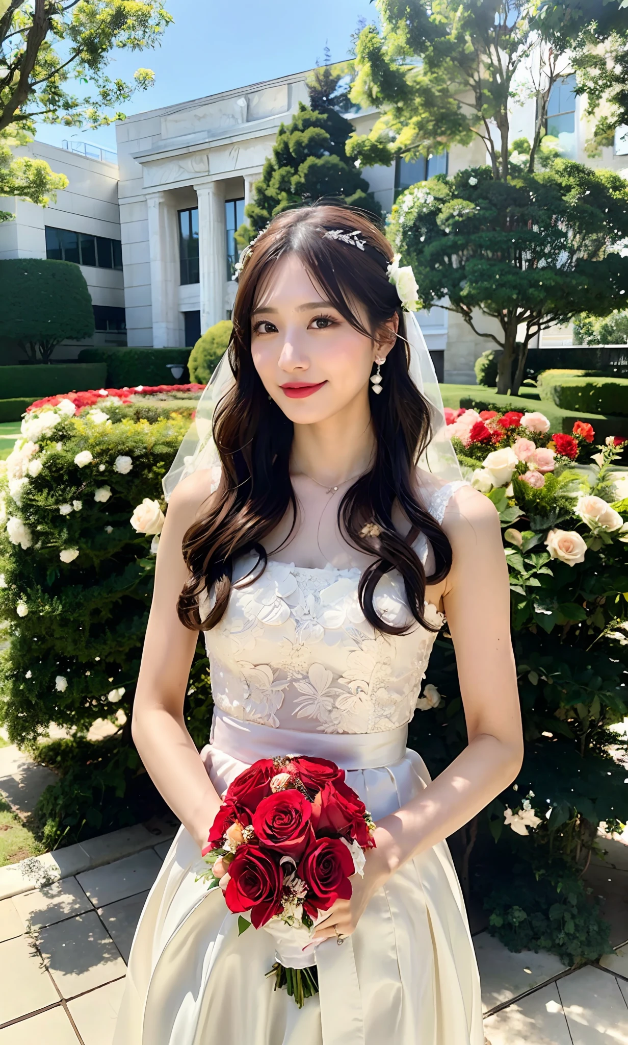 In front of the ceremony, a la fed woman in a wedding dress with a bouquet of roses, lovely woman holding flowers, Sakimi-chan, Yoshitomo Nara, photos taken with Nikon D750, photos taken with Nikon D7 5 0, cute elegant pose, taken with Canon EOS 5D Mark IV, beautiful asian girl, Ayami on Kojima