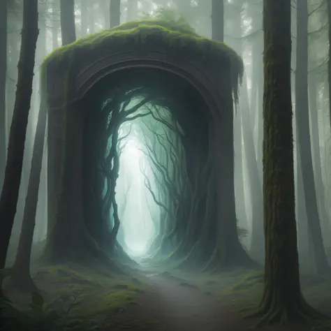realistic image, masterpiece, detailed, sinister humanoid figure coming out of the portal to another dimension, high quality, diffuse cosmic portal in the forest, gelatinous looking portal inside the enigmatic forest, lots of fog, only the eyes of the huma...
