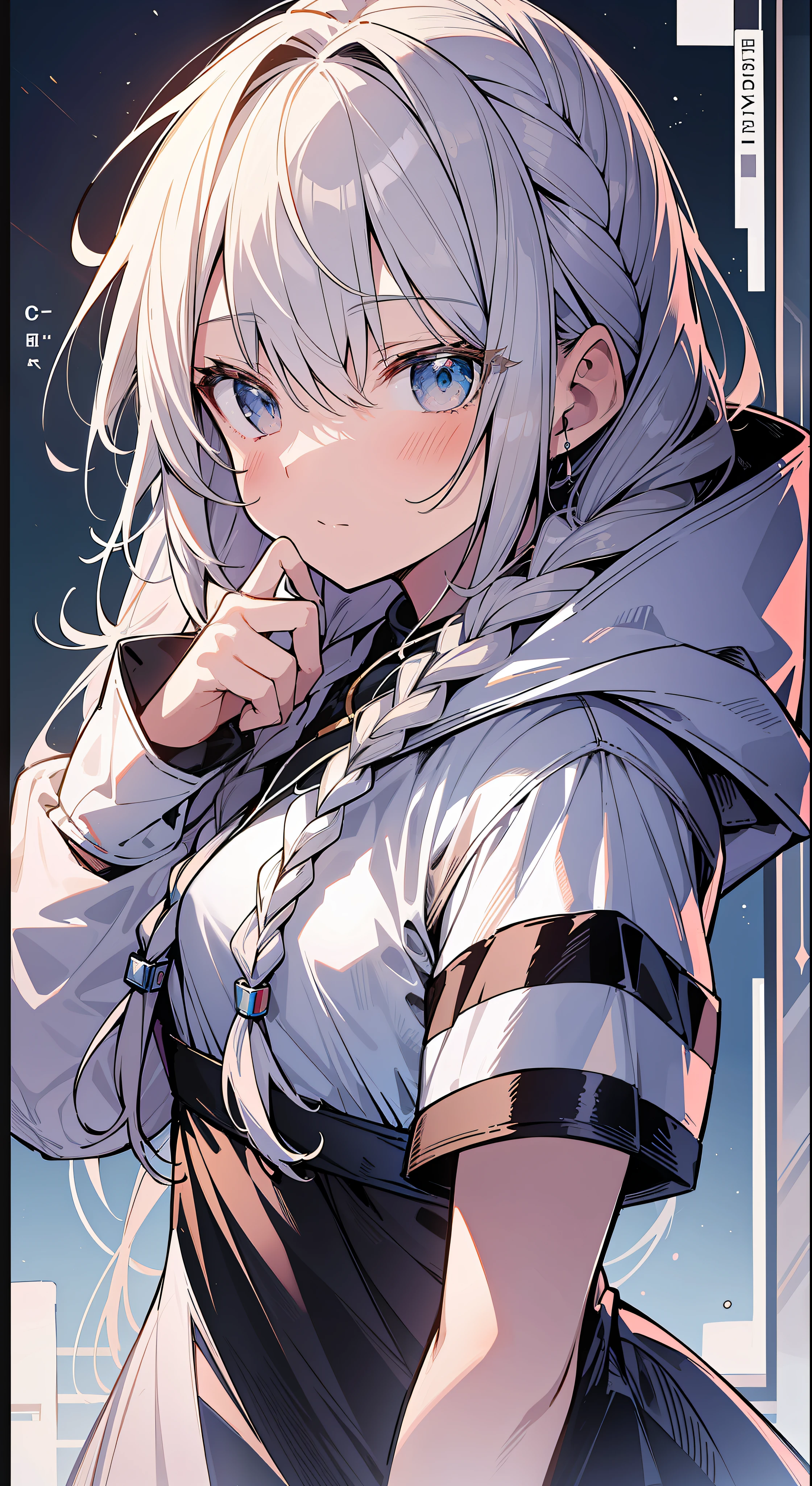 Top Quality, Masterpiece, High Resolution, 8k, Hoodie and Anime Style Girl, One Girl, Detailed Line Art, Bright White and Bright Amber Style, Digital Enhancement, Close Up, Anime Core, Flowing Fabric, Short Braids with shoulder-length hair, Beautiful hair