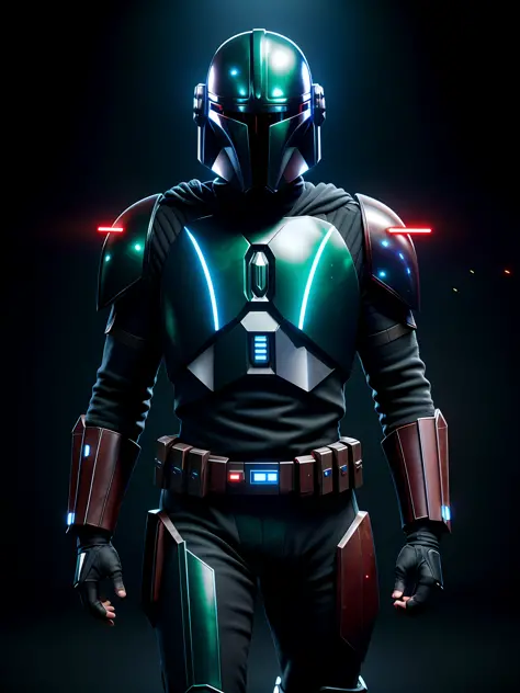 midjourny-v4 style, professional photograph of Mandalorian from Star Wars, with a very detailed intricate cybernetic outfit, a very detailed beautiful face standing in the dark with black particles surrounding the body, proportional body shape + perfect an...