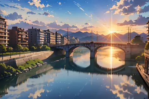 a large bridge over a large body of water, a detailed matte painting by Makoto Shinkai, featured on pixiv, photorealism, official art, matte painting, high detailed, anime lens flare, anime sun flare, anime abient occlusion --auto --s2