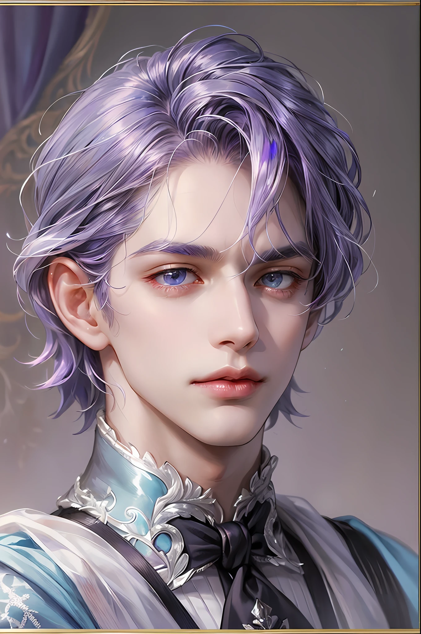 Prince, Young Man, male, 1boy, mature male, manly, purple blood, purple decoration, crystal, gemstone, shine, shiny crystal, depicting delicate eyes, opal eyes, depicting delicate facial features, white uniform, extreme multiplication, exquisite and complex design, white gloves, gothic style, gorgeous aristocratic dress, purple blood, ribbon, crown of thorns, gray hair, extreme detail, delicate depiction, light blue eyes, all colors except purple are low saturation, Only purple is the most conspicuous, royal, elegant, noble, royal dress