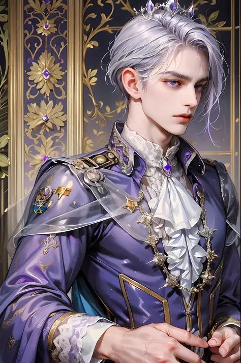 Prince, Young Man, male, 1boy, mature male, manly, purple blood, purple decoration, crystal, gemstone, shine, shiny crystal, dep...