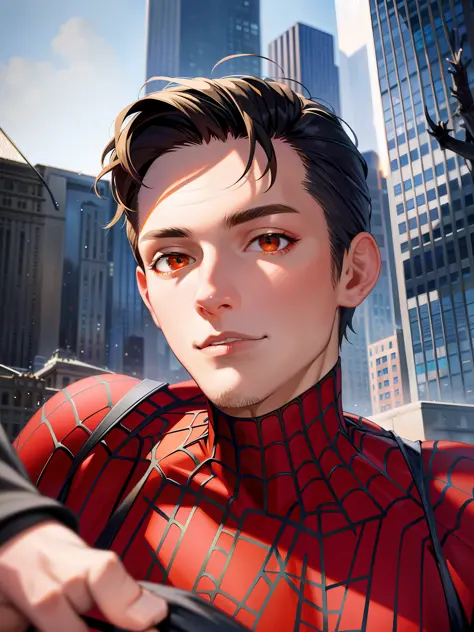 spider suit, spider web print, spider web, spider-man
Masterpiece, absurd, fine details, HDR, ((highly detailed face and eyes)), photorealistic,
focus on the eyes,
standing on the roof of a skyscraper, ((without mask)), looking at the viewer, short brown h...
