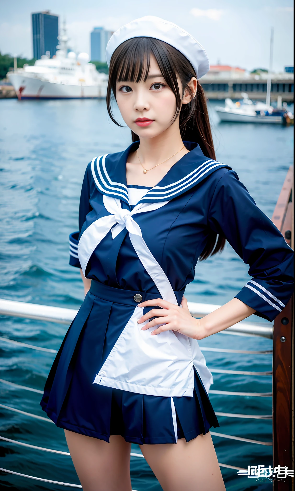 Ala Fed image of woman in sailor suit with gun, Kantai Collection style, girl on board a warship, bridge, deck, hangar, anime girl cosplay, shooting pose, azure fleet, sailor suit, gun, ship kore, real life anime girl, soldier girl, anime thai girl, girl front line style, beautiful face, beautiful eyes,