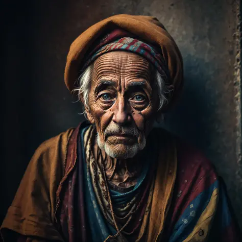 An old beggar, colorful,
yang08k, photography, beautiful,  black background,
masterpieces, top quality, best quality, official a...