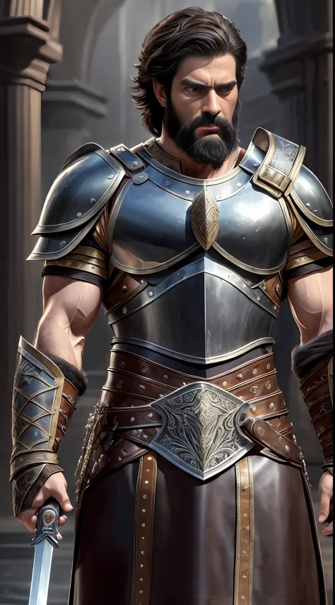 masterpiece, high quality, best quality, beautiful, hd, realistic, perfect lighting, detailed face, detailed body, 1 man, solo, short black hair, brown eyes, black short beard, gladiator style brown leather clothing : 1.4), leather breastplate, 1 sword in ...
