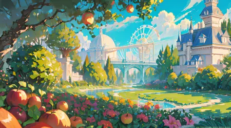 studio ghibli, king, garden, beautiful, tree, golden apples, (very detailed cg unity 8k wallpaper) (best quality), (best illustr...