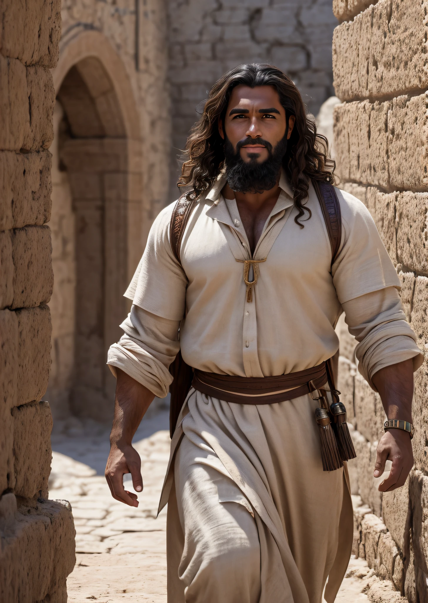 Masterpiece 8k, artistic reality, 8k wallpaper, historical Jesus, male carpenter, (highly tanned skin: 1.2), wavy shoulder-length hair, Palestinian, Jewish and Arabic features, brown eyes, smiling lips, long curly beard, wearing long loose linen simlah robes, usually ankle length 2000 years ago, sandals, in action walking through a barren ancient city, midday light, extremely handsome and strong man, very detailed, HDR, midjournei art, trending at artstation , trending at CGsociety, Fujichrome Provia 100F