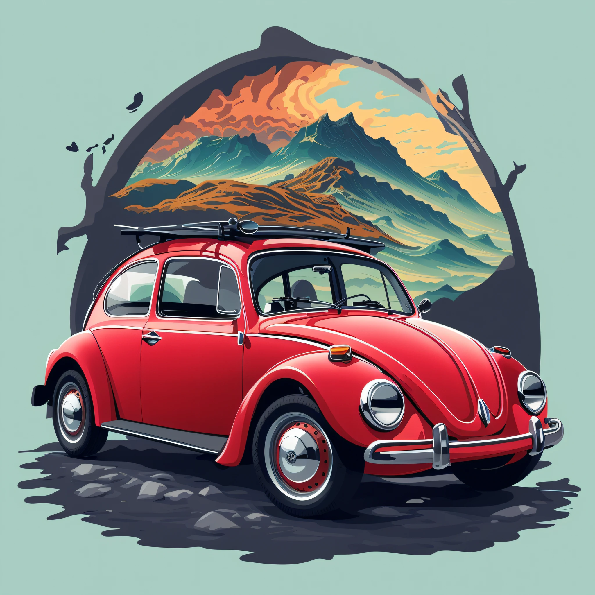 красный VW Beetle с доской для серфинга на нем - SeaArt AI